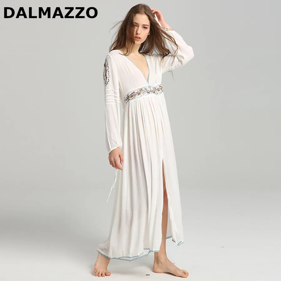 DALMAZZO 2018 Новейшие Белые Женщины Национальный стиль свободная талия V образный