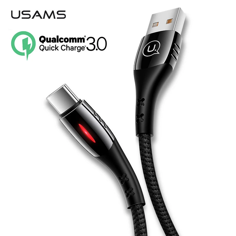 USAMS Тип-C USB кабель авто отключен, поддержка QC3.0 для зарядки, Нейлоновый, в оплетке кабель с светодиодный светильник для c кабель смарт-кабель для зарядного устройства