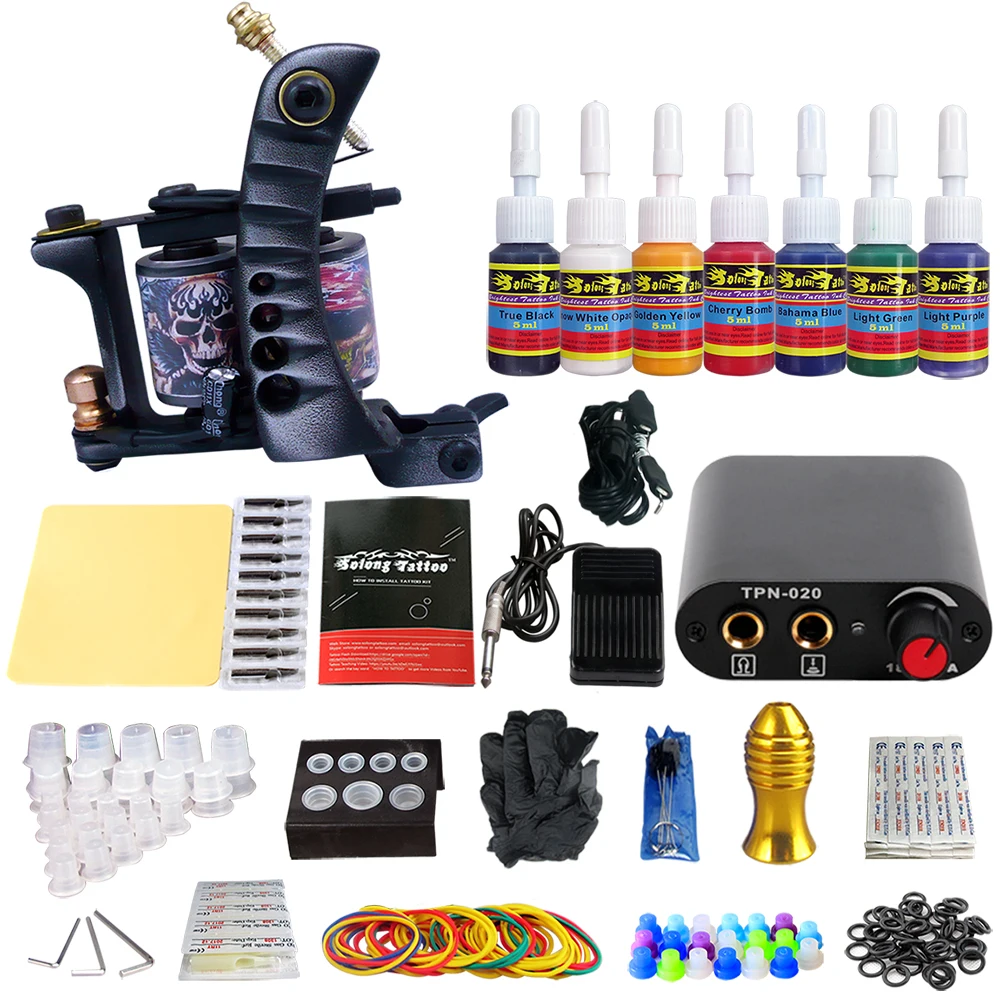 Стигма 1 Профессиональный Kit татуировки Питание иглы Захваты Совет 7 цветов набор