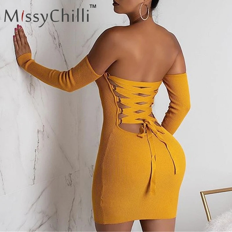 Женское Трикотажное короткое платье MissyChilli желтое облегающее мини с открытыми