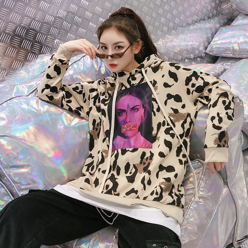 7 Манг 2019 Leopard Harajuku Принт толстовки для женщин уличная повседневное отверстие