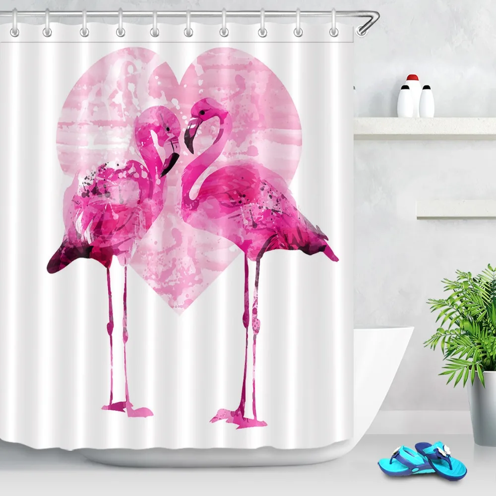 LB Polyester Fabric Flamingo Shower Curtain Love Heart Scenery Bathroom Decor Waterproof Cortina De Bano With 12 Hooks Gift | Дом и сад
