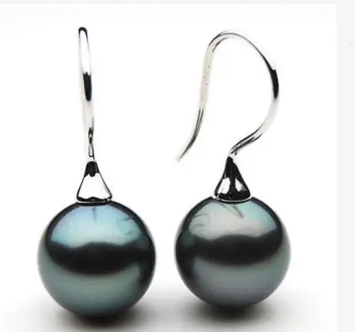 

Pair huge 12-13mm south sea genuine perfet round black blue green pearl earring 925 silver