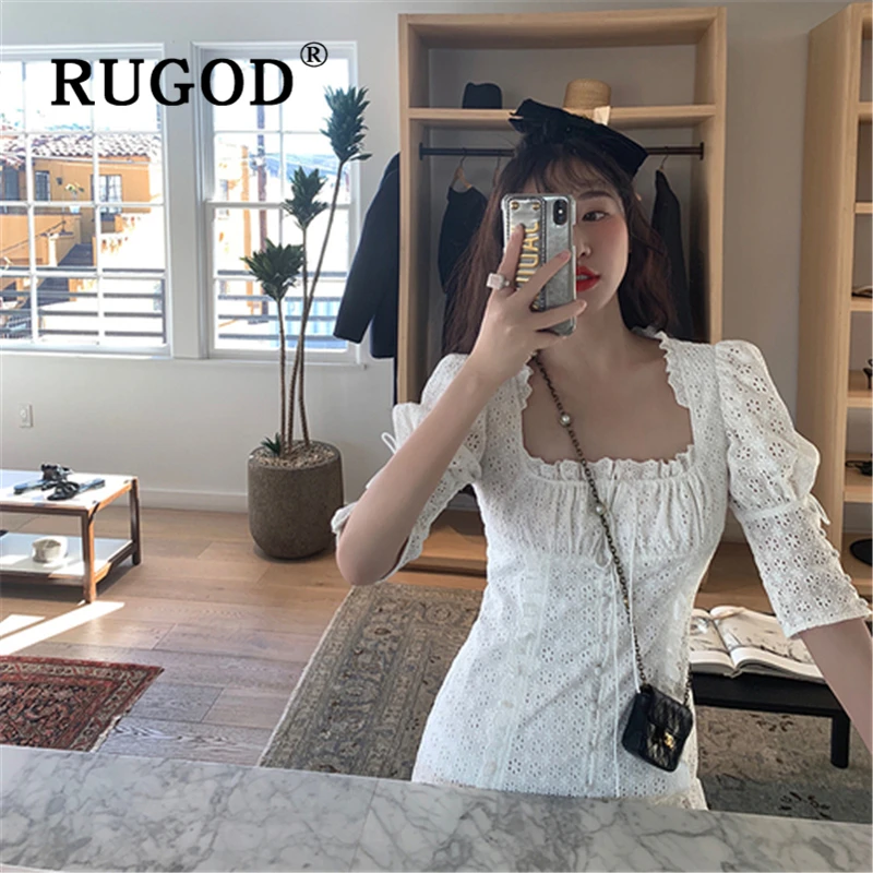 Женское винтажное платье RUGOD белое с рукавами фонариками Летнее мини квадратным