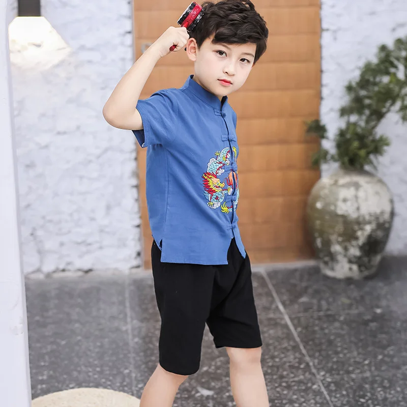 ActhInK 2019 New 3 Colors Boys Summer Linen Suit Peking Opera Design Dragon Pattern Tang Clothing Set |