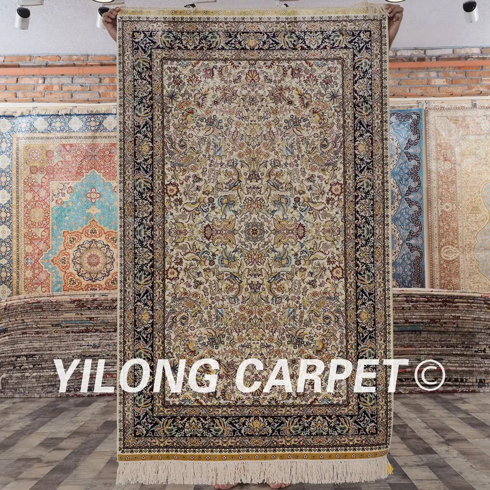 YILONG 3 'x 5' Античный Восточный шелковый ковер бежевый изысканный Шелковый