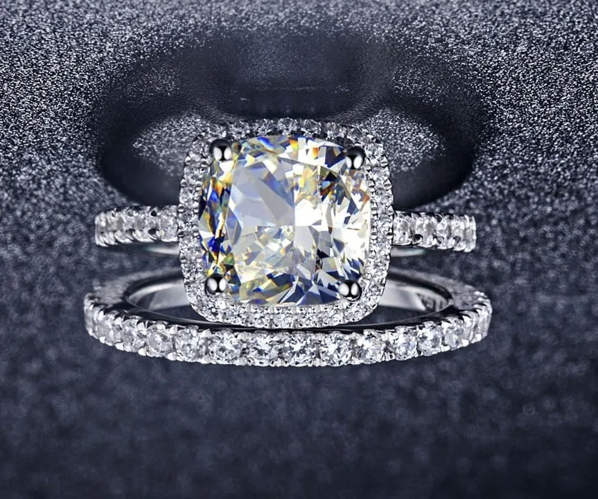 

3Ct Cushion Cut Diamond Engagement Rings With Band Ring Genuine Solid Platinum 950 Wedding Ring