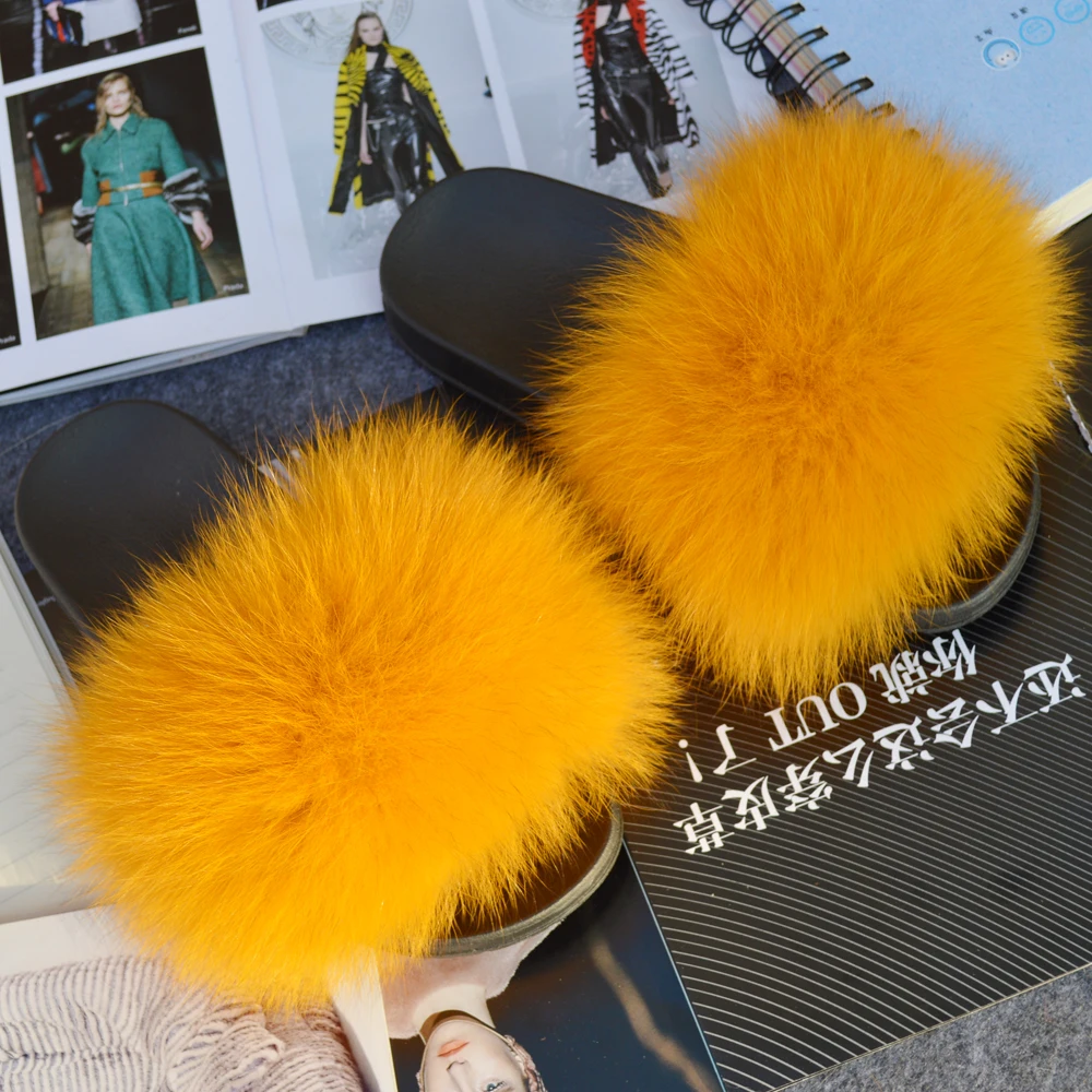 Повседневные женские шлепанцы из натурального Лисьего меха красивые Пушистые
