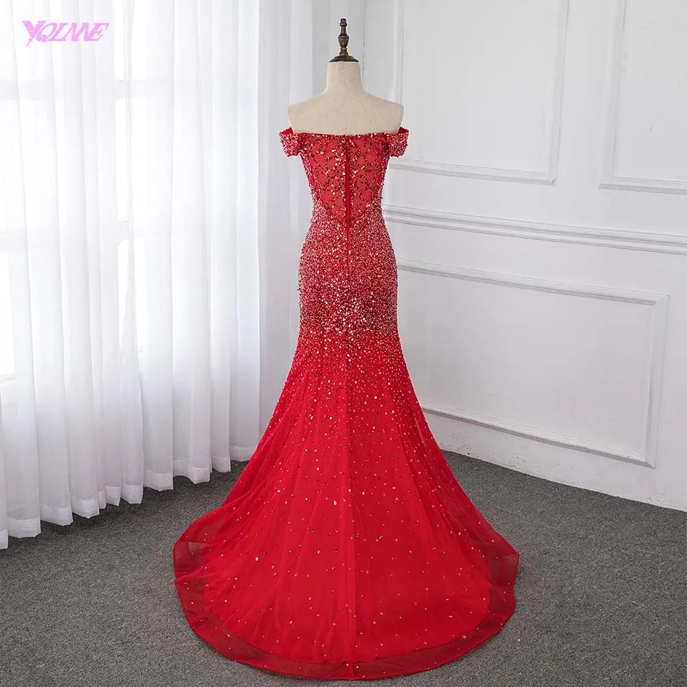 Off Shoulder Red Mermaid Evening Dress 2019 Formal Dresses Gown Competition Robe de Soiree Sequin Beading Tulle YQLNNE | Свадьбы и