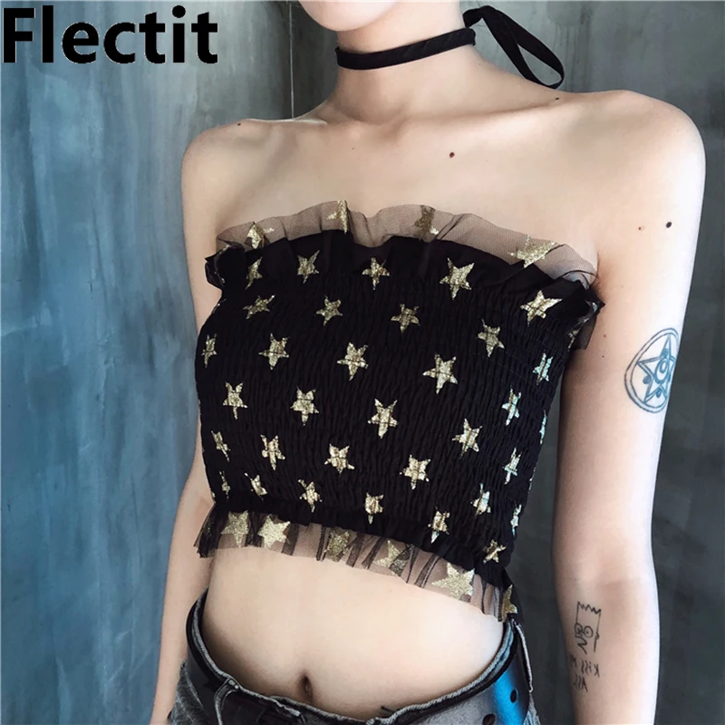 Flectit Harajuku панк готический стиль блеск звезды Smocked Tube Топы Ruched Mesh укороченный