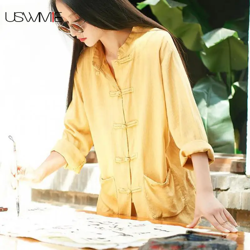 2020 Women Blouses Literary Simple Long Sleeves Stand Collar Double Pocket Solid Color Shirt Irregular Hem Tops Autumn USWMIE