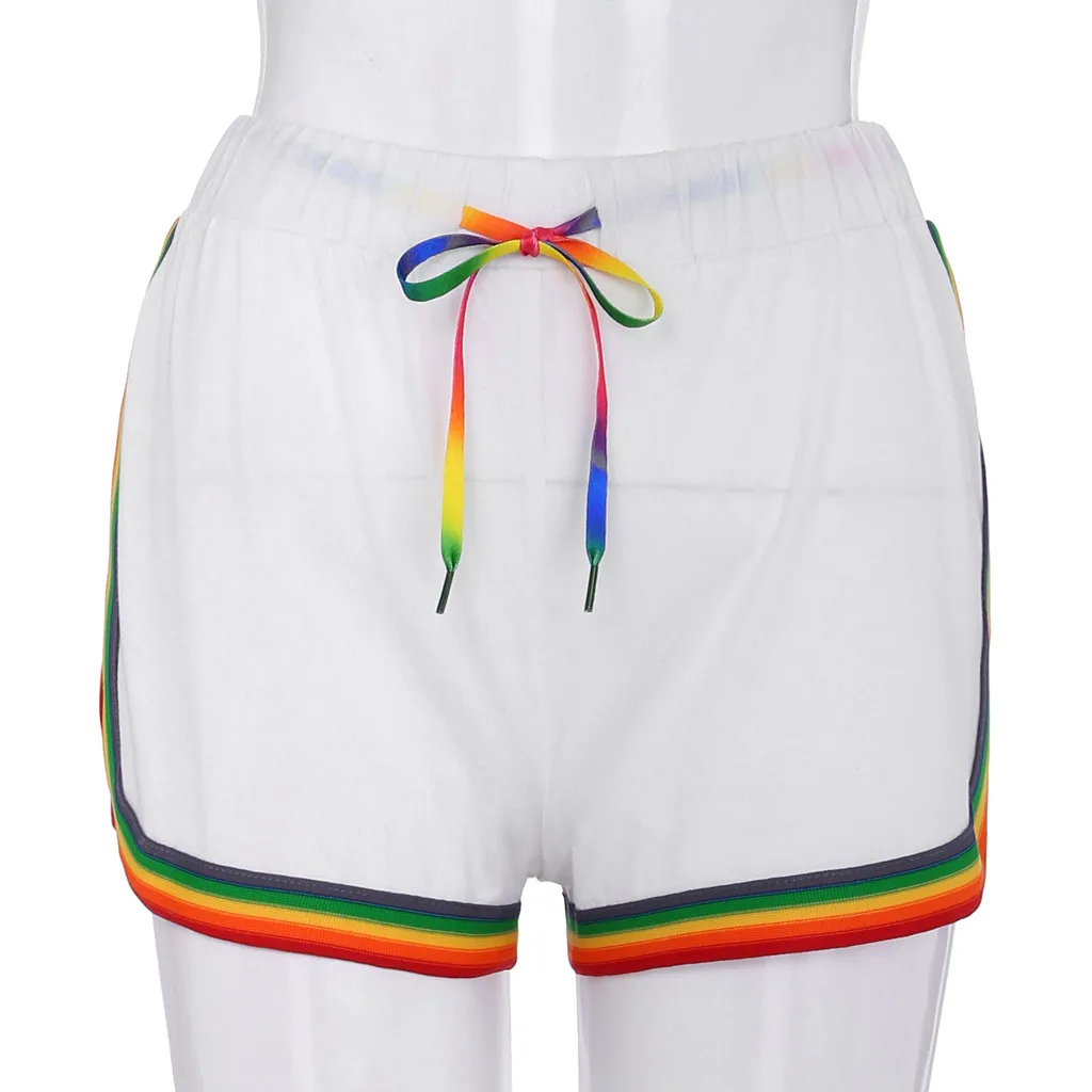 Women Rainbow Print Lace Up summer shorts High Elastic Waist Sashes sports shorts women Casual pantaloncini donna