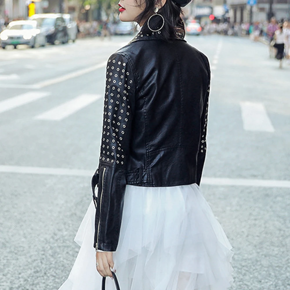 Женская куртка из искусственной кожи FTGSDLONG черная с длинными рукавами и