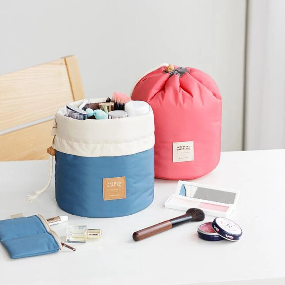 New Arrival Barrel Shaped Travel Drawstring Cosmetic Bag Nylon High Capacity Elegant Drum Wash Bags Makeup Organizer Storage | Багаж и