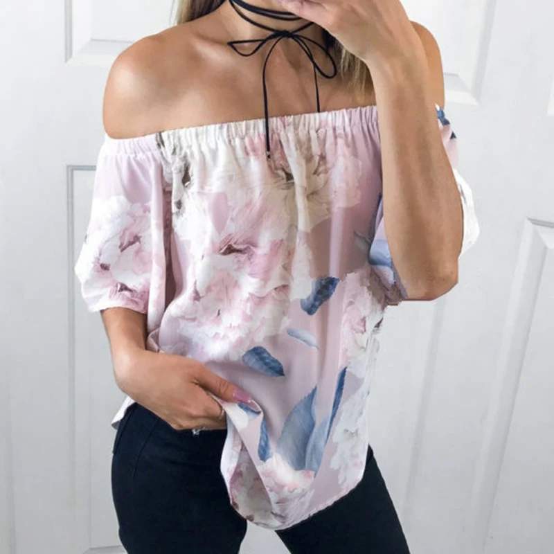 Новые женские летние свободные блузки с открытыми плечами и рукавами цветочным