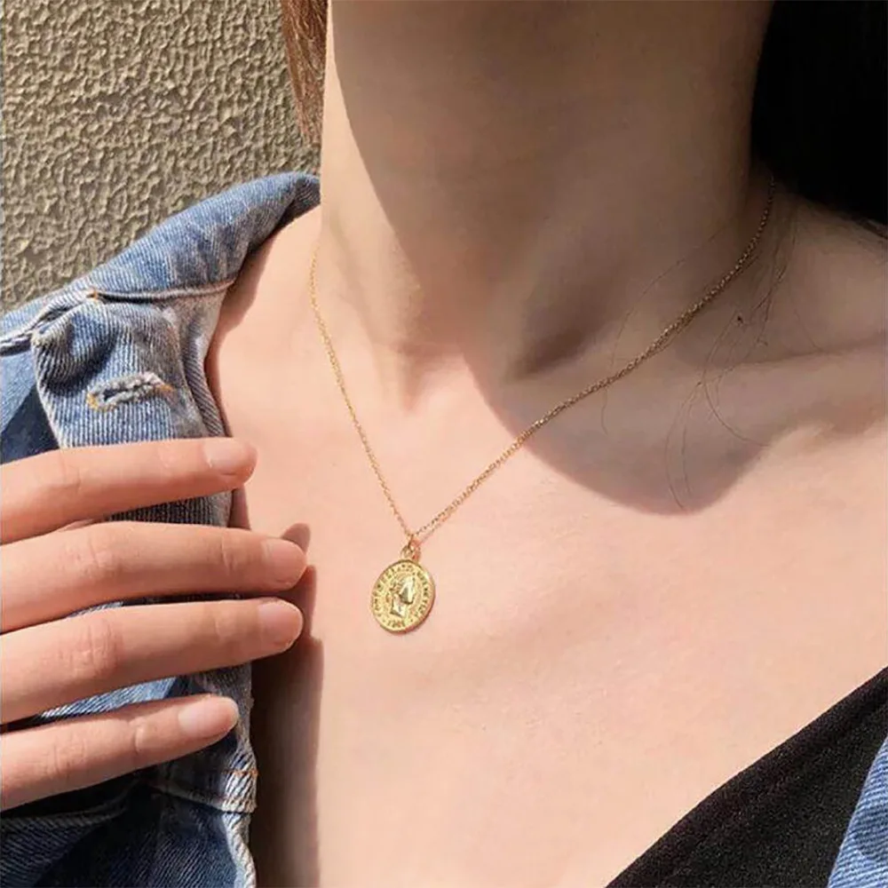 Ожерелье с резной монеткой для женщин металлическая ретро фигурка медальон