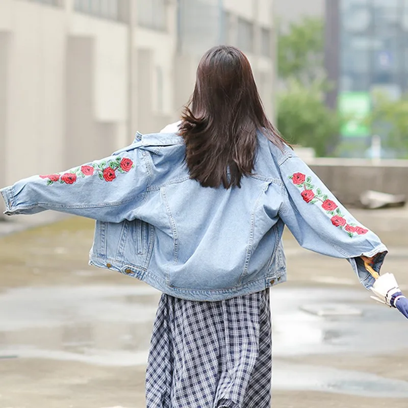 EXOTAO Rose Embroidery Denim Coat Women Autumn Washed Blue Jackets Vintage Lapel Casaco Loose Long Sleeve Abrigo Mujer Outwear | Женская