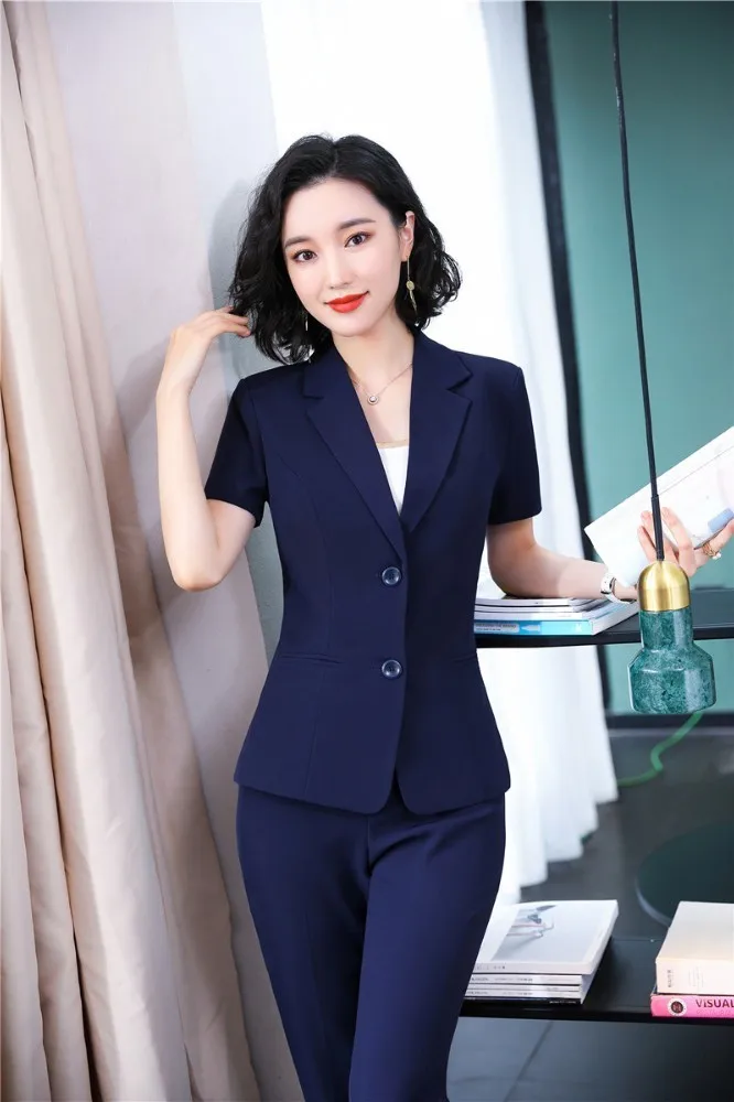 Новинка темно синий деловой костюм OL для женщин с брюками и топами летние дамские