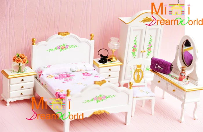 Free shipping! 1:12 Dollhouse Miniature Furniture Toy Bedroom Rose Bed Wardrobe Dresser 6pcs | Игрушки и хобби