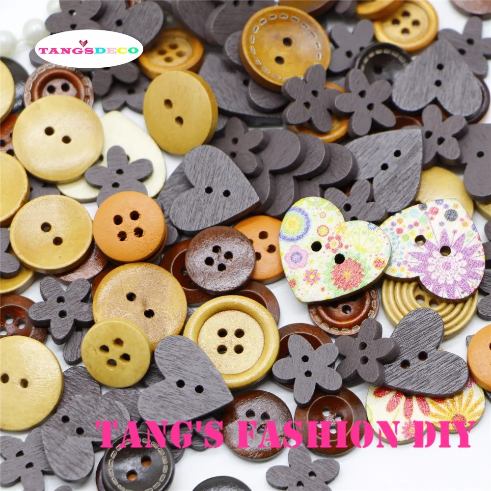 100 шт. --- Разноцветные деревянные пуговицы коричневого/кофейного цвета/разные