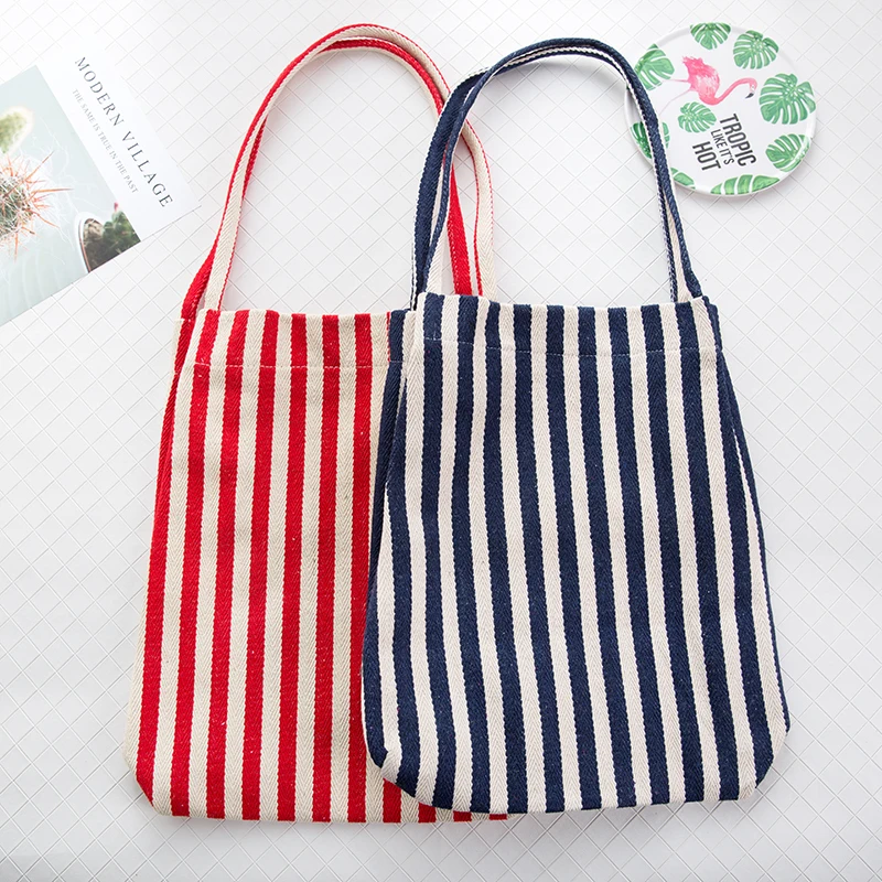 

New Stiped Canvas Tote Reusable Cotton Women Storage Shopping Bag Fabric Cotton Cloth Beach String Handbags