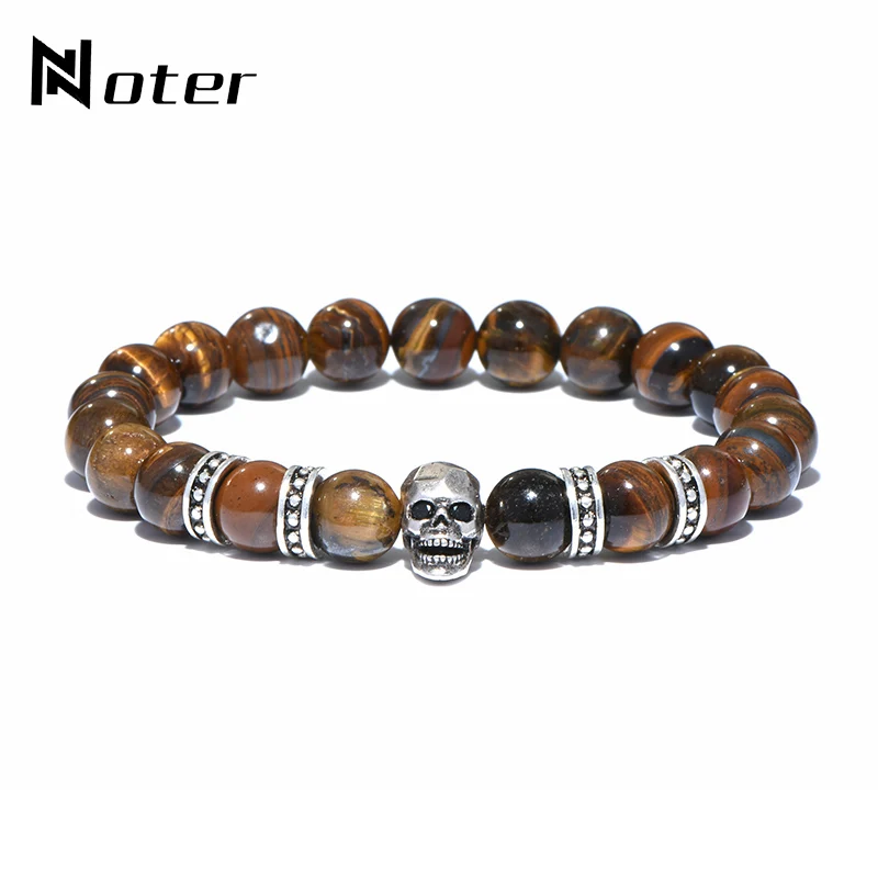 Винтажный Мужской браслет с черепом натуральный тигровый глаз браслеты для
