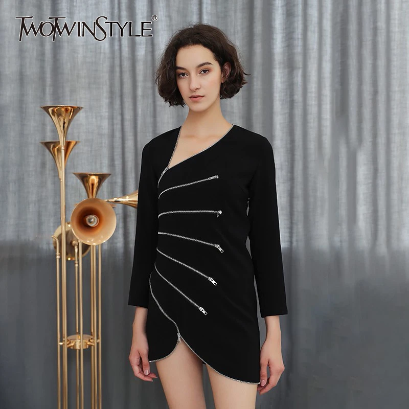 TWOTWINSTYLE сексуальные мини платья на молнии женское асимметричное облегающее