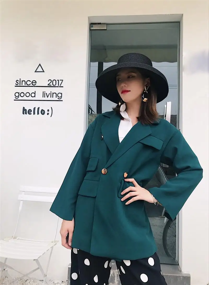 TMODA однотонный Винтажный Зеленый Блейзер Feminino Женская одежда с длинным рукавом прямое Свободное пальто с лацканами 2 однобортный пиджак с карманами