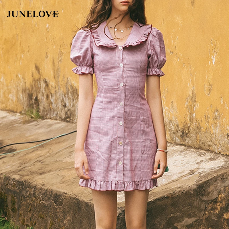 Женское летнее Мини-Платье JuneLove с коротким пышным рукавом винтажное однобортное