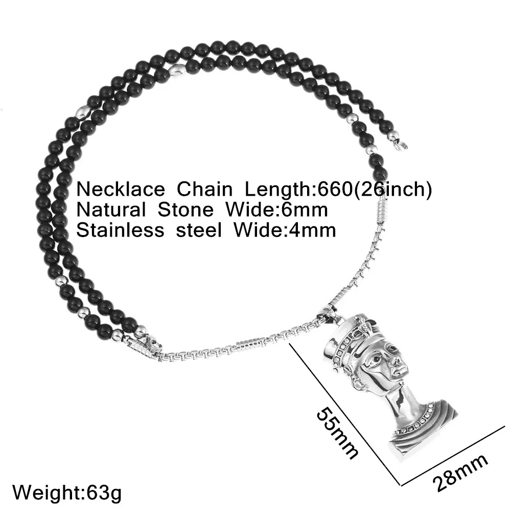 316L Stainless Steel Cleopatra Egyptian Pharaoh Pendant Necklace With Black Natural Stone Chain 26&quot | Украшения и аксессуары