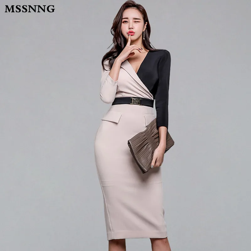Женское платье карандаш MSSNNG корейское контрастное с поясом облегающее футляр