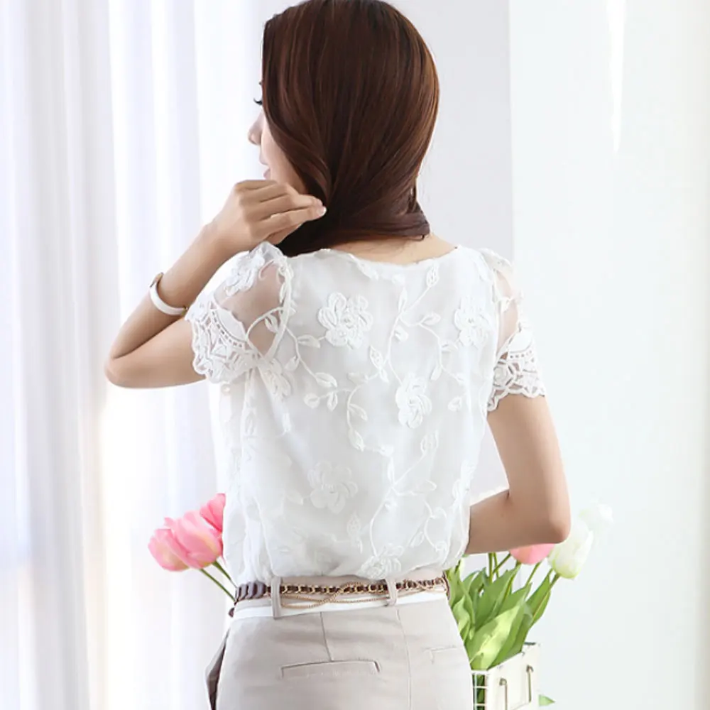 2016 летние элегантные белые кружевные блузки из шифона женские с коротким рукавом