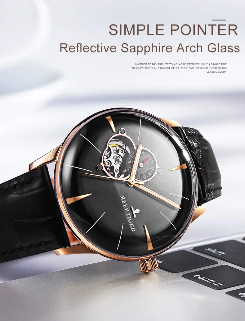 Новые Reef Tiger Роскошные автоматические мужские часы розовое золото Tourbillon водонепроницаемые часы с кожаным ремешком наручные часы relogio masculino