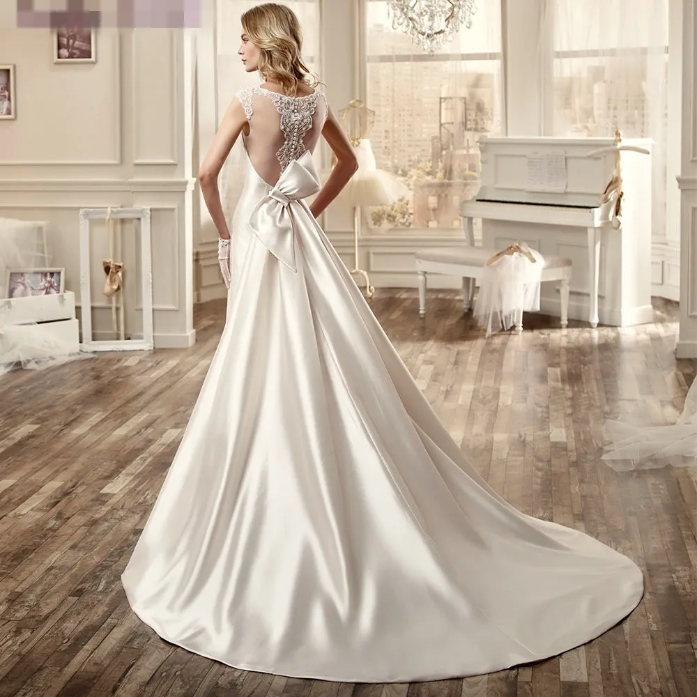 Robe de mariage Satin Mermaid Wedding Dresses Illusion Neck dress detachable train Bridal Gown Vestido noiva sereia | Свадьбы и