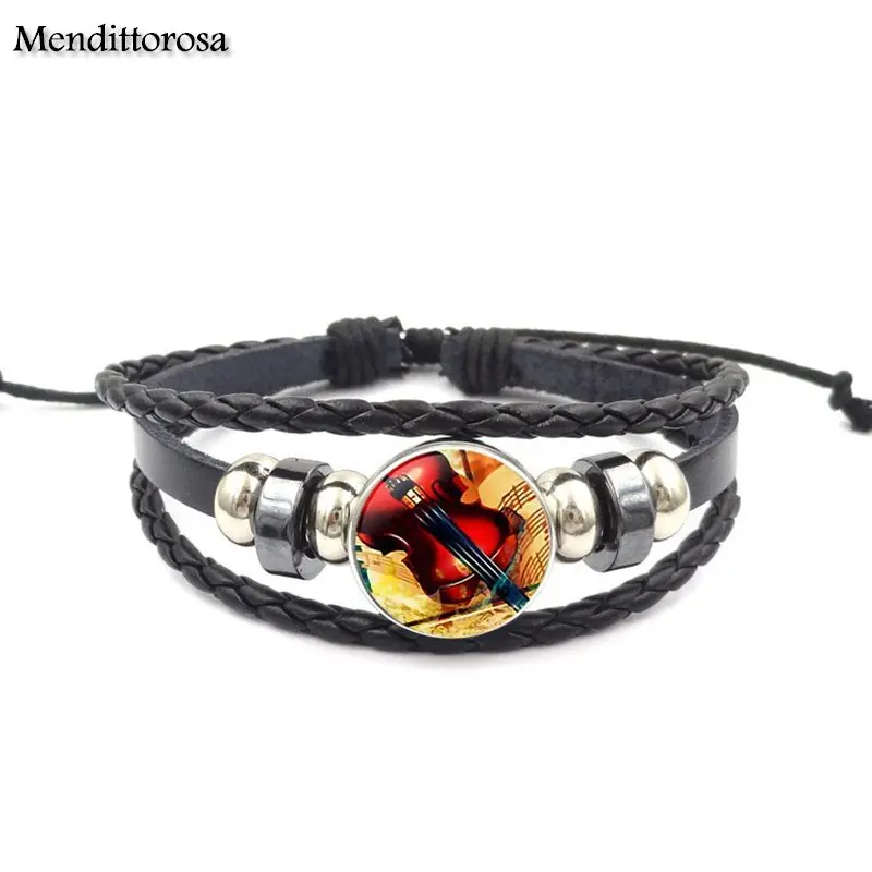 Mendittorosa Violin New Arrival Glass Black Leather Bracelet Bangle Statement Women Round | Украшения и аксессуары
