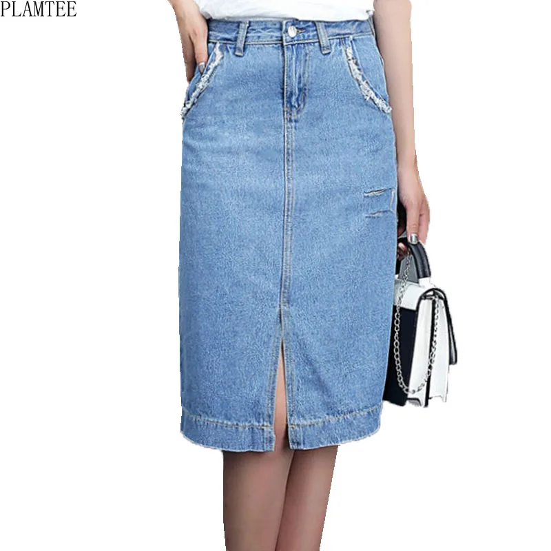 PLAMTEE высокая Талия Джинсовая юбка Для женщин посылка бедра линии Saia джинсы Feminino
