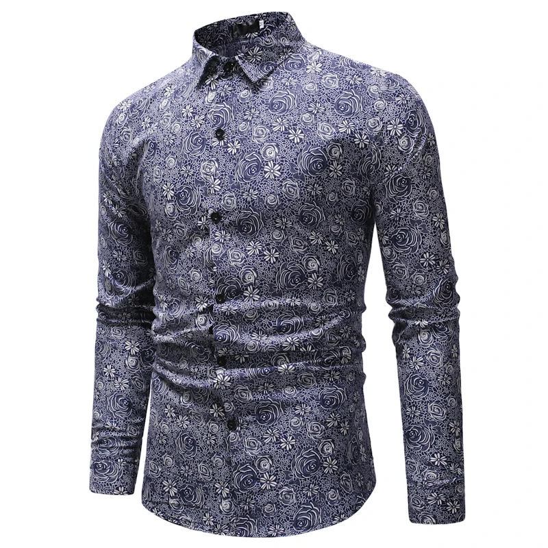 Fashion Men Personality Dark Floral Print Shirts Men's Casual Cotton Lapel Long-sleeved Slim for Male Spring Autumn | Мужская одежда