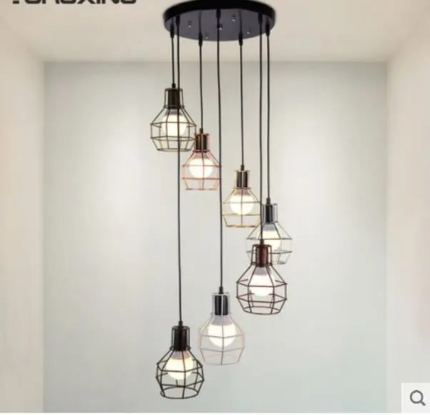 

Nordic complex staircase long chandelier industrial wind restaurant attic personality retro multi-head combination lighting