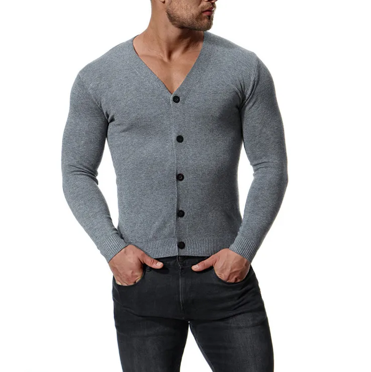 Europe and America V-Neck Cotton Sweater Men New Arrival Slim Fit Cardigan Knitwear Fashion Sweatercoat Male Knitted Clothing - Цвет: Темно-серый