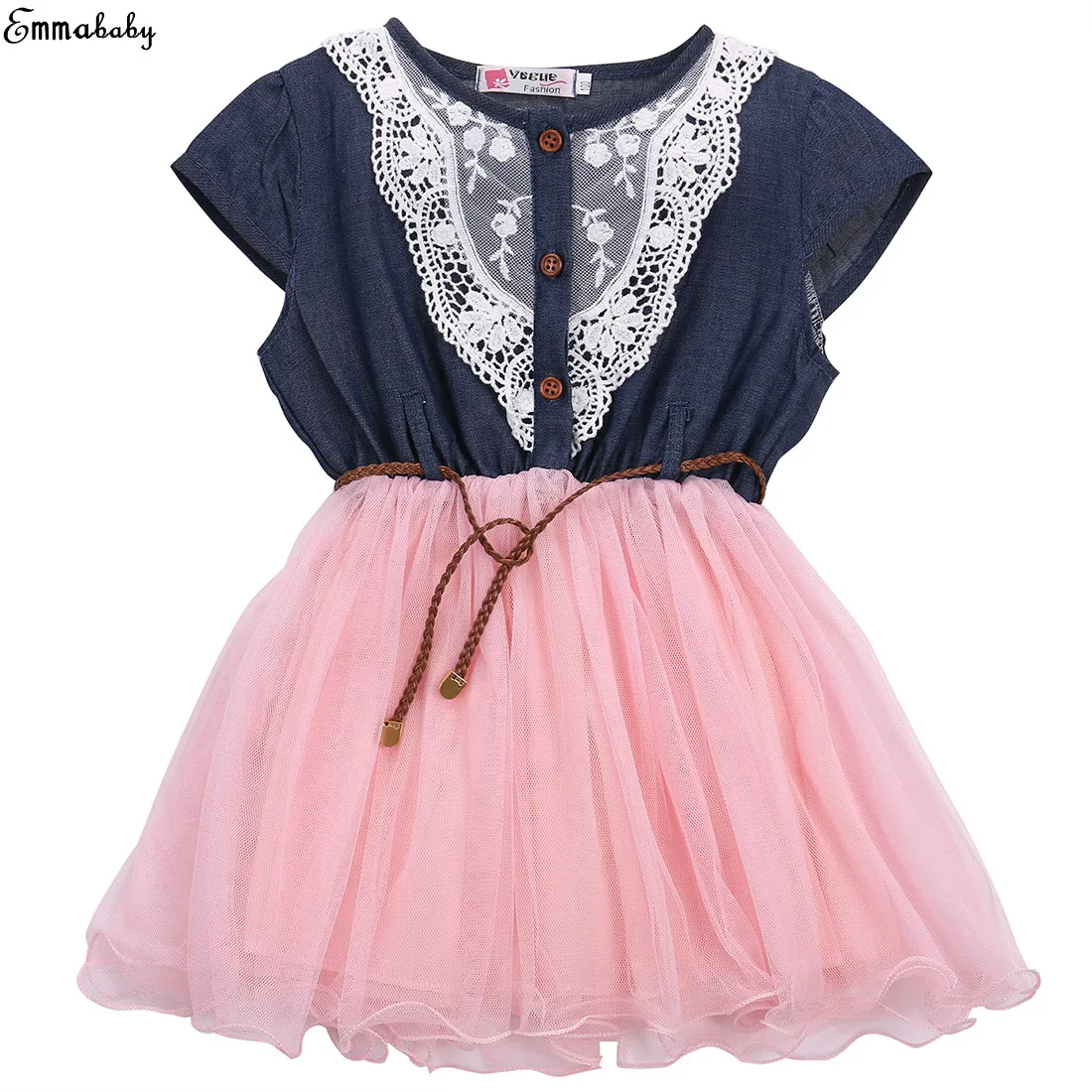 Emmababy Princess Girls Baby Kids Lace Belt Denim Tulle Stitching Dresses Age 1-6Y | Детская одежда и обувь