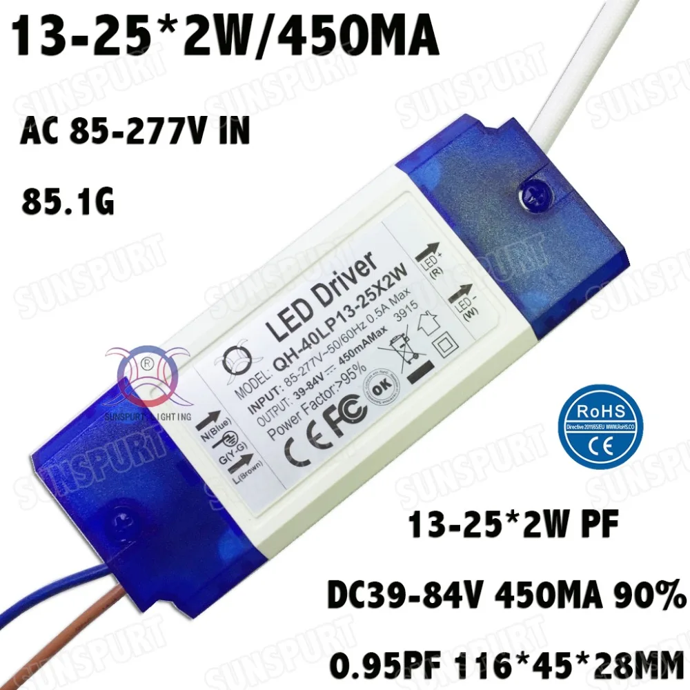 Фото 2 шт. изоляция 36 Вт AC85-277V светодиодный драйвер 13-25x2 Вт 450 мА DC39-84 В LEDPowerSupply потолочный светильник постоянного тока Бесплатная доставка №1