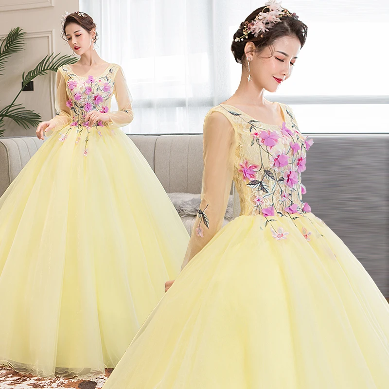 Бальные платья светильник Quinceanera желтого цвета с длинным рукавом Vestidos De 15 Sixteen