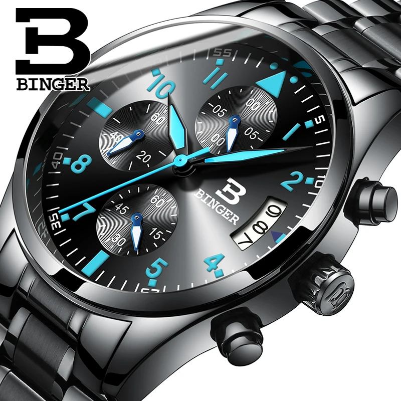 Швейцария Мужские кварцевые Бингер Смотреть Водонепроницаемый мужские кожаные