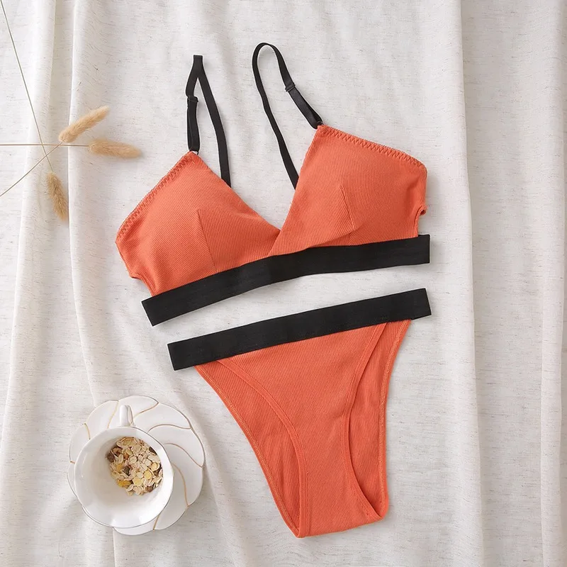 Fashion Bra Set Women Striped Underwear Push Up Seamless Lingerie Female Bra Briefs Set - Цвет: Оранжевый