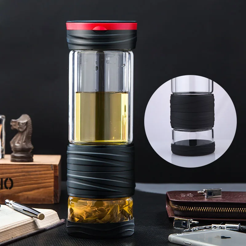 Дорожная стеклянная кружка для воды 400 мл двухслойный чайник разделения чая