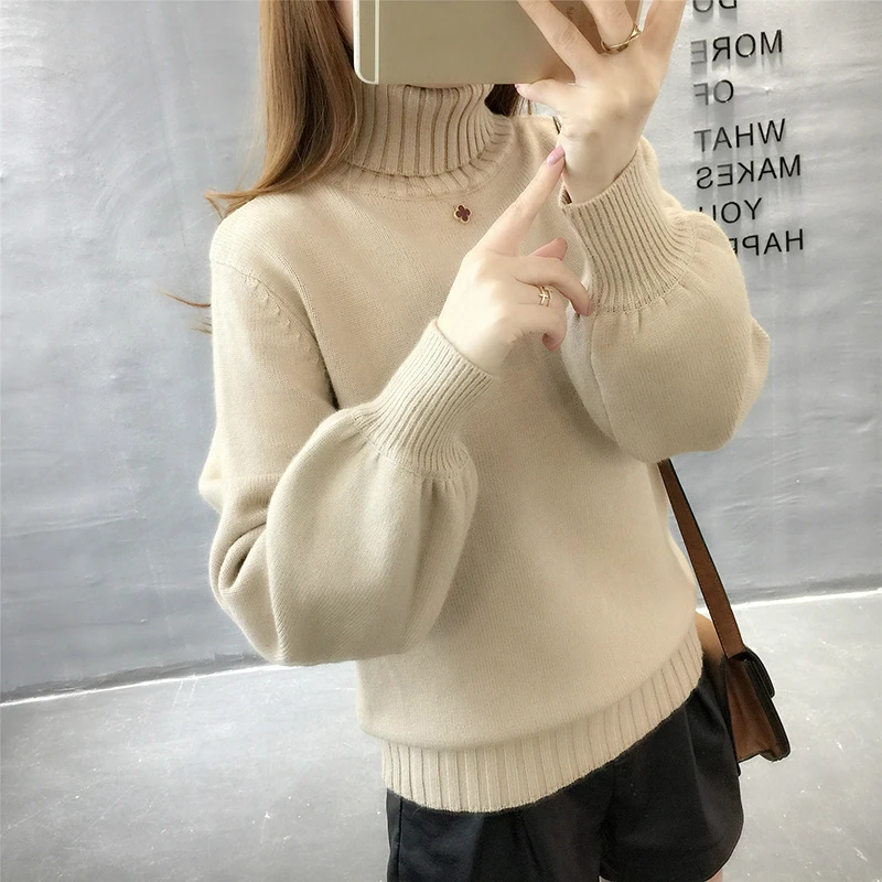 PEONFLY Turtleneck Blue Green Winter Sweater Women Knit Lantern Sleeve Female Loose Oversize Pullover Knitted Jumper | Женская одежда