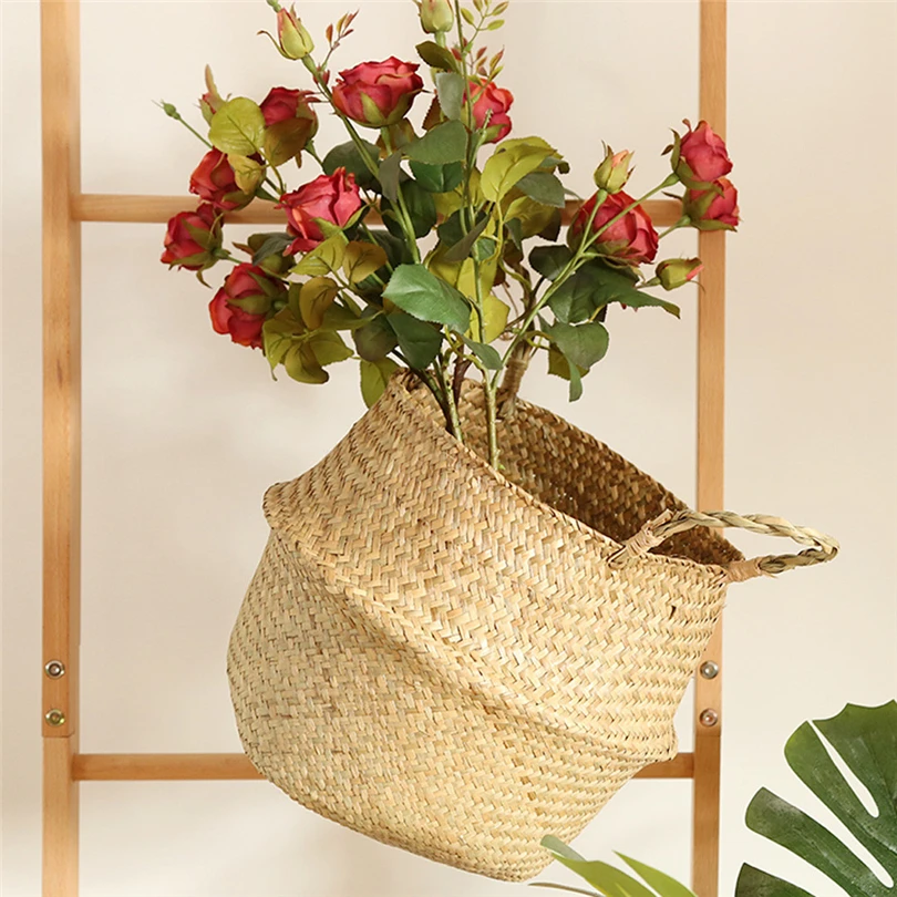 Handmade Bamboo Storage Baskets Foldable Laundry Straw Patchwork Wicker Rattan Seagrass Belly Garden Flower Pot Planter Basket25 | Дом и сад
