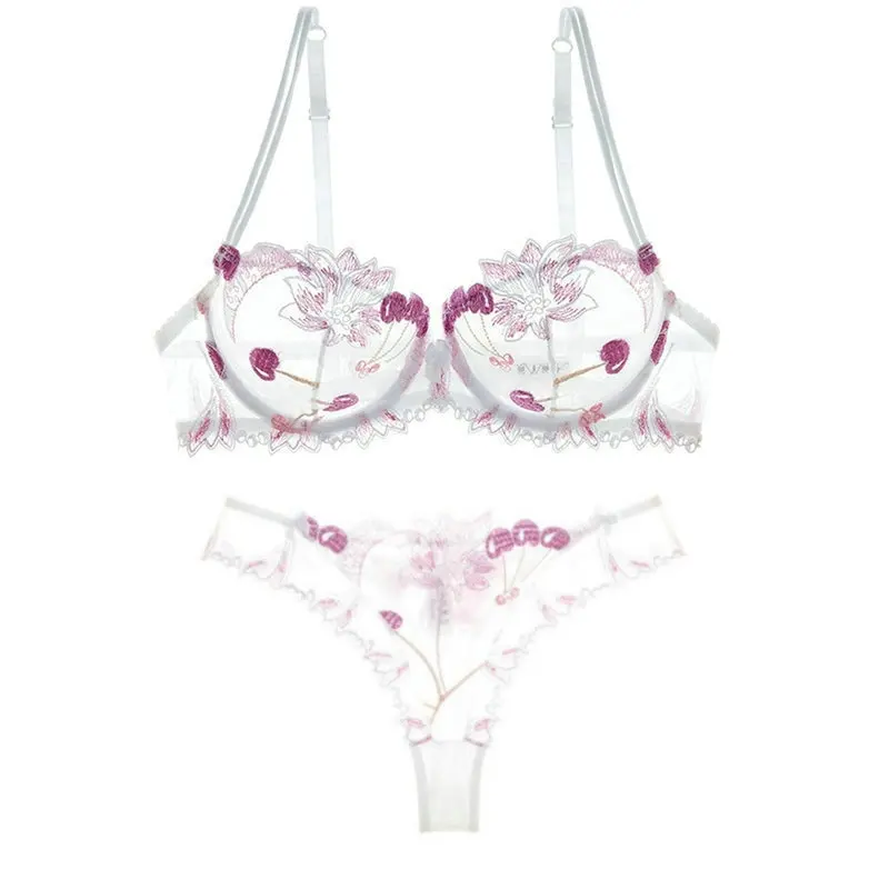 White Thong Bra Set Сексуальный кружевной комплект нижнего белья пуш-ап, женское нижнее белье, комплекты нижнего белья с цветочной вышивкой, белый бюстгальтер, комплект нижнего белья - Цвет: White Thong Bra Set