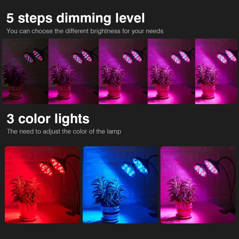20 Вт двойной головкой светодиодный Grow Light с Светодиодная лампа держатель зажим