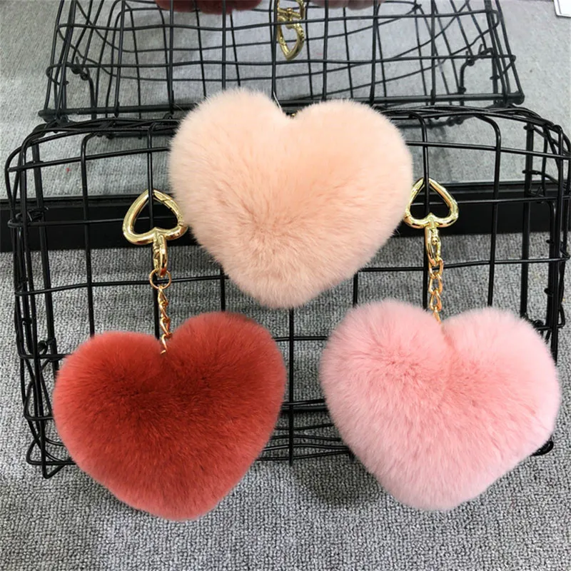 Брелок для ключей Corazon del melocoton Rex conejo pelo bola llavero amor felpa hebilla adornos en forma de corazon clave coche